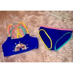 EUC Cat & Jack Target Neon Rainbow Flip Sequin 2 piece Swimsuit, Size S- 6/6X